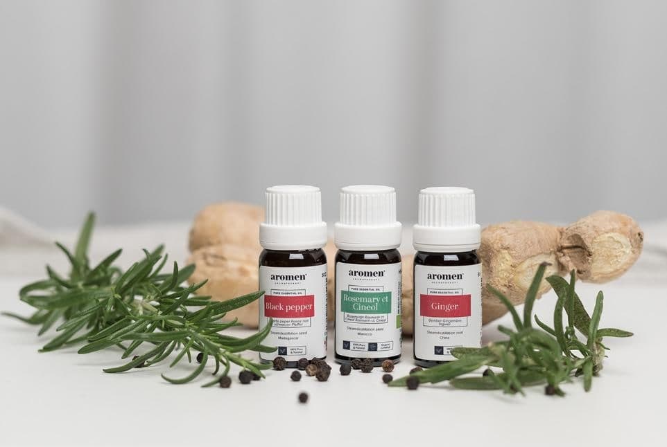 Tři éterické oleje AROMEN — pepř, rozmarýn a zázvor
